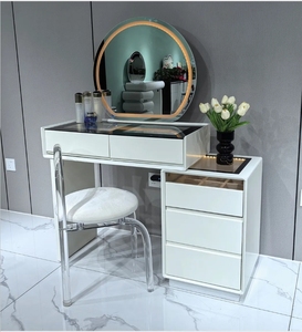 Modern White Wooden <b>Makeup</b> <b>Vanity</b> Dressing Table with Lighted Round <b>Mirror</b> Drawers Storage for Bedroom Hotel Apartment - Product Image 3