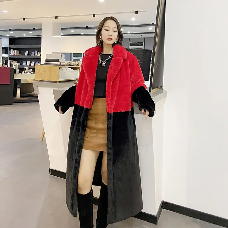 Winter loose mink velvet faux fur stitching mid-length coat fashion warm furry suit collar women's jackets