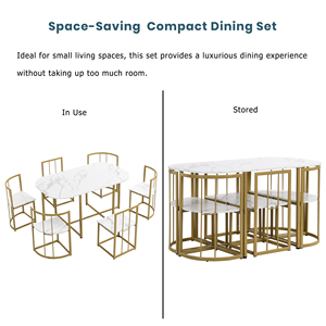 <span class=keywords><strong>TOPMAX</strong></span> Ensemble de table à manger moderne 7 pièces en fer, étanche, portable, plateau en pierre frittée, 55 pouces, pour petit appartement, 6 places, doré + blanc - Product Image 5