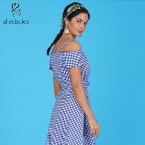 2019 Casual vestido de las mujeres de <span class=keywords><strong>la</strong></span> correa de Espagueti de una pieza a cuadros de mujeres vestido con faja - Product Image 4