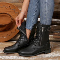 Bottes de combat mi-mollet à lacets pour femmes, avec fermeture éclair latérale et boucle décorative, bottes plates de moto, chaussures quotidiennes vintage pour femmes automne-hiver