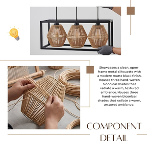 Lustre suspendu Haven à 3 lumières, abat-jour en rotin tressé à la main, style rustique pour salle à manger, îlot de cuisine - Product Image 4