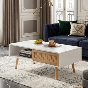 Rattan <b>Coffee</b> <b>Table</b> 41.34 In White With Storage Solid Wood Legs Modern Living Room <b>Table</b> - Product Image 1
