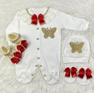 100% Baumwolle Modern Luxus 4 Stück Baby Stram pler Set Schmetterling Rot Langarm Bambus Blase Gold Neugeboren bis 12 Monate mit Schuhen