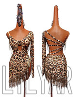Robe de danse latine pour femmes à imprimé léopard, avec franges en strass, manches longues, costume de compétition de danse de salon et de salsa