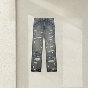 Pantalon en jean tricoté mi-long en coton personnalisé, style streetwear, délavé, déchiré, coupe décontractée, confortable, avec poches, pour printemps et automne - Product Image 3