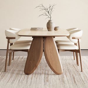 Table à manger ronde en bois massif de style vintage avec plateau en travertin pour salle à manger - Product Image 1