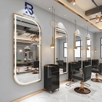 Miroir de salon de coiffure intelligent à LED avec cadre doré en forme de D, miroir rétroéclairé professionnel, mobilier de salon de coiffure, miroir de vanité pleine longueur