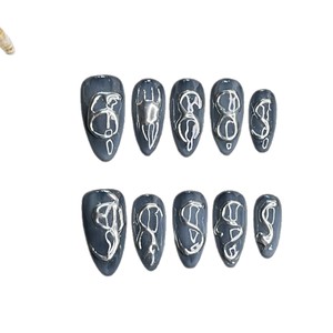 Nouveauté transfrontalière : Faux ongles à presser ultra-fins métalliques gris foncé, bleu, <span class=keywords><strong>noir</strong></span>, scintillants, style audacieux, pour une esthétique éclatante et cool, faits main, 10 pièces - Product Image 6