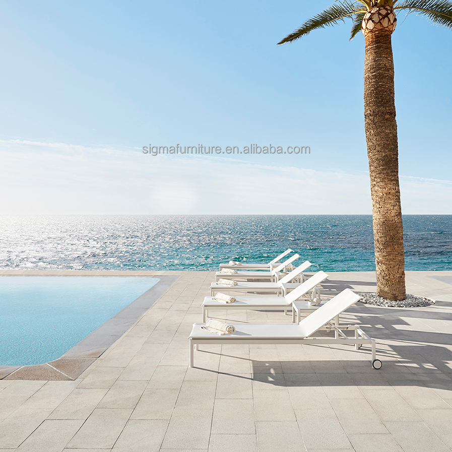 Factory Pool Home Resort Stackable Reclining Sunbed with Wheels Powder Coated Aluminium Structure Chaise Single