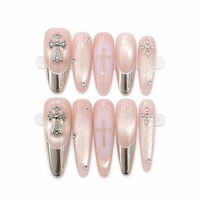 Ongles magnétiques scintillants effet œil de chat, faits main, réutilisables, design croix argentée 3D, ongles de luxe pour la vente en gros
