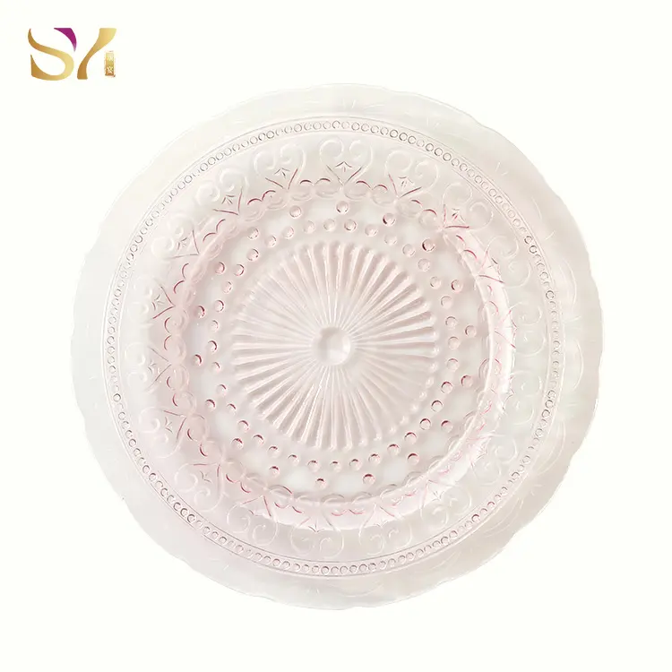 Wholesale Custom 13 Inch round Vintage Embossed pink reed Glass Wedding Lace Charger Plates