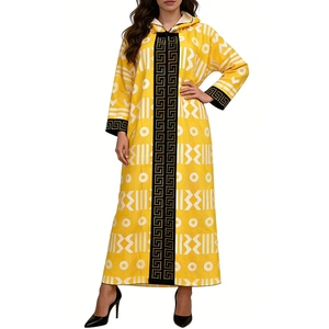 Vestido Maxi con Capucha y Estampado Africano <span class=keywords><strong>para</strong></span> Mujer - Caftán Holgado <span class=keywords><strong>de</strong></span> Manga Corta con Patrón Geométrico y Ribete Dorado, Vestidos Sehe Fashion - Product Image 1