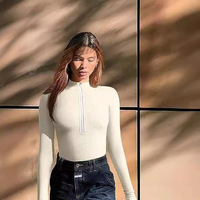 Body sexy pour femmes en gros Body côtelé avec fermeture éclair sur le devant Combinaison à manches longues pour femmes