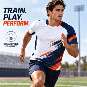 Maglia Personalizzata per Squadre Sportive, Manica Corta, Traspirante, Asciugatura Rapida, per Calcio e Football, Bianco Blu Navy Arancione - Product Image 3