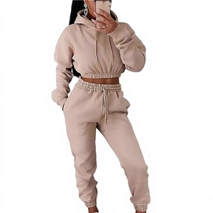 Women Beige Hooded Crop <b>Top</b> Tracksuit Set Full Length Side Pockets Casual Solid Color Cotton Material Autumn Wear - Product Image 5