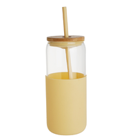 Bouteille en verre 600 ml (20 oz) avec manchon en silicone, couvercle en bois et paille, en verre borosilicate de haute qualité, tasse de bureau pour eau et lait avec couvercle en bambou