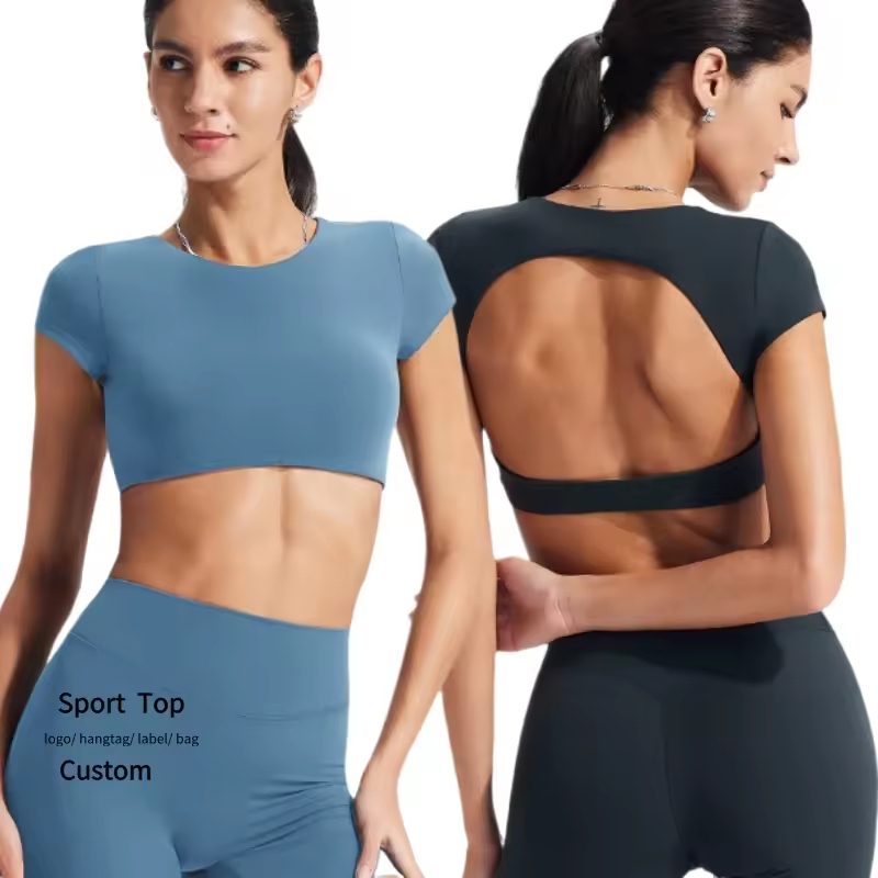High Elastic Compression Yoga Short-sleeved Sports T-Shirt Backless Training Running Fitness Yoga Tops