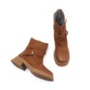 Botines de Piel Vacuna Retro Británicos de Lujo, Otoño Invierno, Tallas Grandes, Marrón, Felpa, Antideslizantes, Cierre de Cremallera, Tacón Medio, Piel de Vaca - Product Image 2