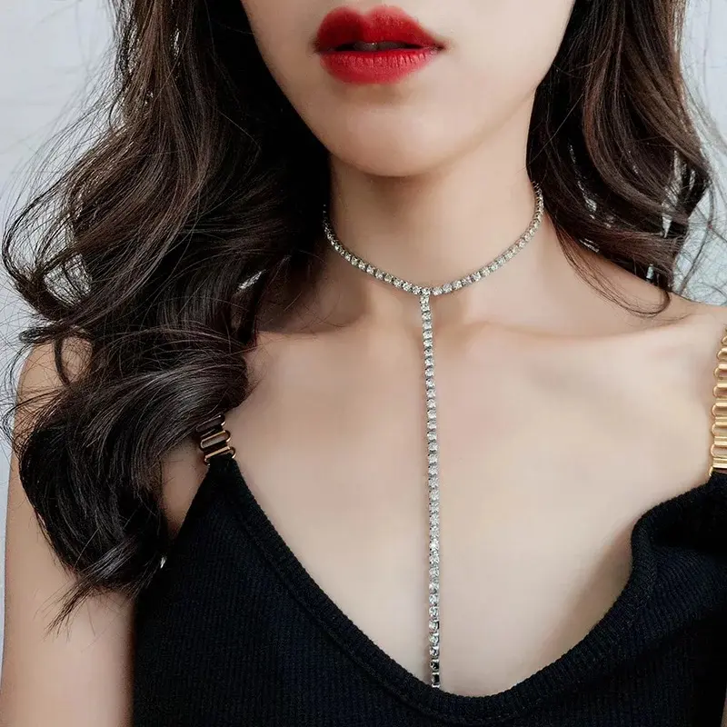 High Quality Body Jewelry Y-Shaped Sparkling Zircon Rhinestone Crystal Tennis Necklace Choker