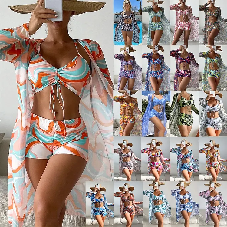 8000 Custom Lange Mouw Trekkoord 3 Delige Plus Size Sexy Badpak Dames Bikini Badmode Strandkleding