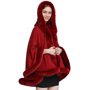 Women Faux Fur Hooded Cloak Flurry Rabbit Fur Trimmed Shawl Open Front Sleeveless <b>Wrap</b> for Traveling Street Walking - Product Image 6