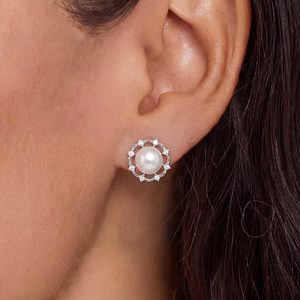 S925 <b>Silver</b> Freshwater <b>Pearl</b> Stud <b>Earrings</b> CZ Flower Halo Frame Elegant Jewelry Gift for Women Brides - Product Image 3
