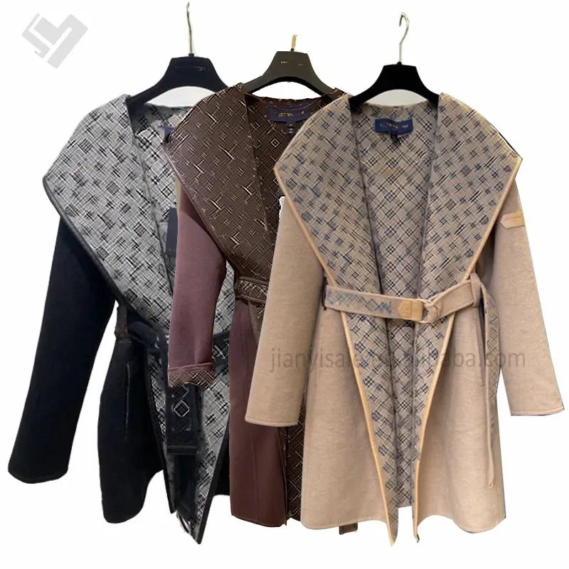 2023 New Autumn Winter Women Luxury Clothing Woolen Coat Designer Print Turn Down Collar Ladies Wool Trench Coat With Belt
