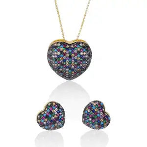 Gioielli di strass e orecchini con collana e orecchino Set di orecchini pendenti placcati in oro a forma di cuore di colore misto graziosi gioielli da <span class=keywords><strong>donna</strong></span> in ottone - Product Image 1