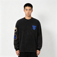 T-shirt à manches longues en coton épais pour homme, style vintage délavé à l'acide, avec poche à patch en chenille, streetwear, pour la vente en gros