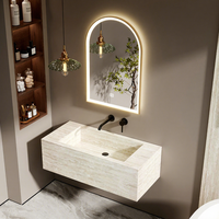 Ensemble de meubles de salle de bain en bois massif écologique, résistant à l'eau, de style classique moderne, sur mesure, avec vasque marbrée et éclairage LED