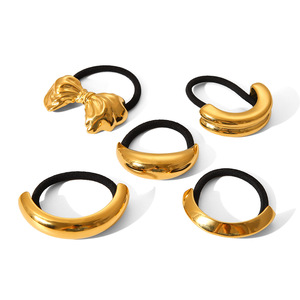 Élastique à cheveux double couche en caoutchouc, style Ins, en acier inoxydable plaqué or 18 carats, surface miroir de haute qualité, avec nœud incurvé et motif lune - Product Image 1