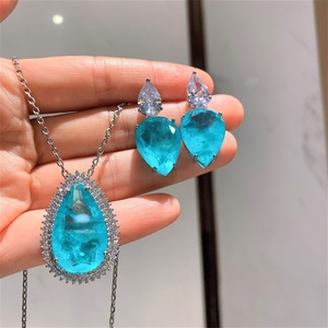 ชุดเครื่องประดับแฟชั่นรักษ์โลก ทองแดง จี้ขนาดใหญ่และต่างหู ขนาด 15*25/15*20 มม. ประดับด้วยเซอร์โคเนียสีน้ำเงินขนาดใหญ่ สำหรับลุคโดดเด่น - Product Image 1