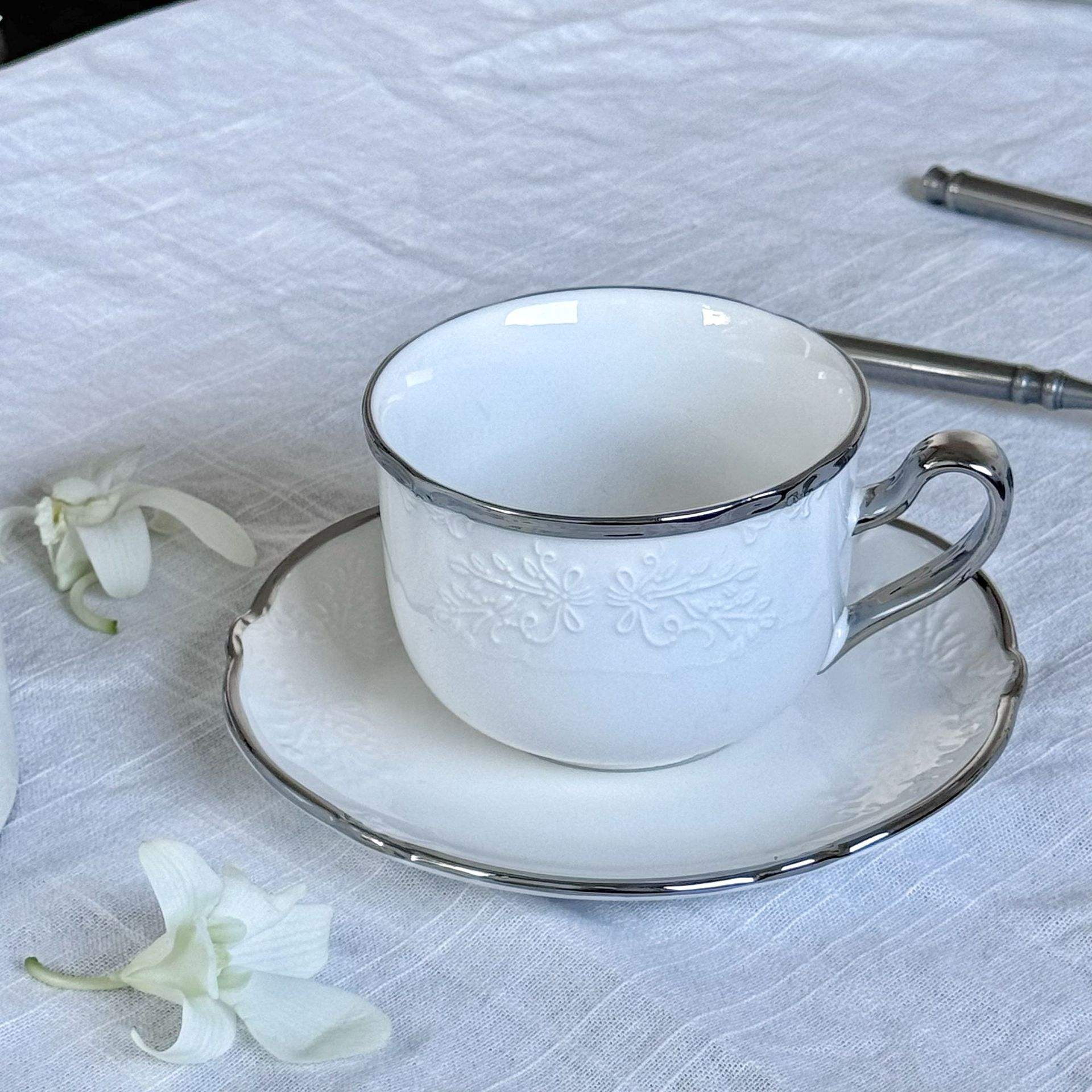 Silver rim coffee cup 300ml + saucer 16cm