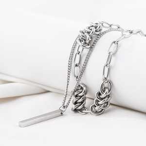 Minimalist Punk Style <b>Titanium</b> Steel Spliced <b>Chain</b> Double Layer Rectangular Pendant Necklace Unisex Daily Wear Geometric Design - Product Image 4