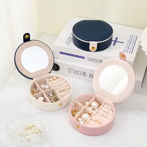 New Jewelry Packaging Creative Fashion Ring Earring Ear Stud Travel Round Portable Jewelry Box With Mirror