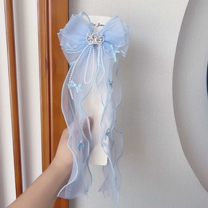 Jepit Rambut Yoly Cute Large 15.5 cm dengan Ikat Pita Renda, Jepit Rambut Pita Panjang Berbahan Jala, Aksesoris Rambut Fashion Motif Kepingan Salju untuk Wanita - Product Image 2