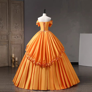 Orange Off The Shoulder Evening Gown Empire Waist 3D Flowers Tutu Skirt For Performances And Ceremonies - Product Image 4
