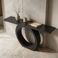 Console d'entrée moderne minimaliste en métal avec base circulaire évidée, table d'appoint pour couloir, chambre d'hôtel, appartement, entrée, salon