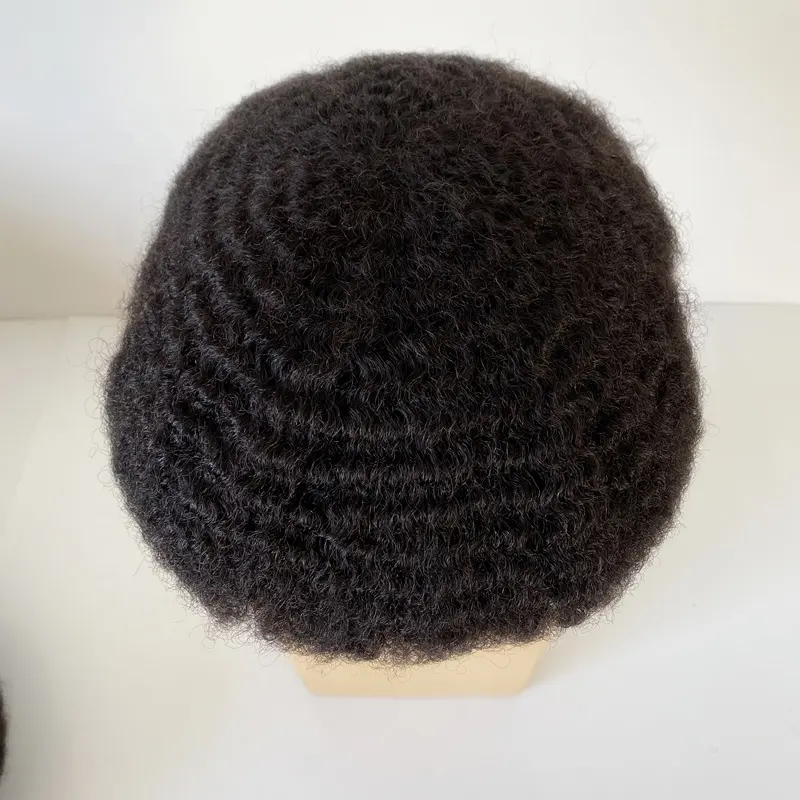 Afro Hairpiece 8mm dalga tam İsviçre dantel saç ünitesi peruk adam için stok hint birimleri doğal siyah