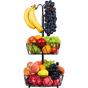 Hot Selling 2-Tier Metal Fruit Basket Double Wire Banana Hanger for Counter for Snacks and Fruit Storage Food Use