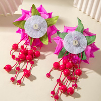Pendientes de Flores de Rosa Grandes y Coloridos de Tela, Pendientes de Cuentas con Borlas de Flores para Fiestas Dulces