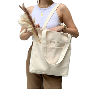 Recycled Reusable <b>Medium</b> Beach <b>Tote</b> <b>Bag</b> with Pockets Folding Screen Printed Design Full Custom Print Logo Canvas - Product Image 1