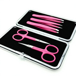 Juego de pinzas para cejas de color rosa con tijeras, punta puntiaguda de acero inoxidable, estilo moderno, duradero para el cuidado de las cejas - Product Image 1