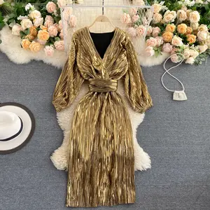 Thiết Kế Mới Một Mảnh Ăn Mặc Phụ Nữ Casual Fancy V Cổ Satin Rắn Dress Midi Phụ Nữ Với Dài Tay Áo