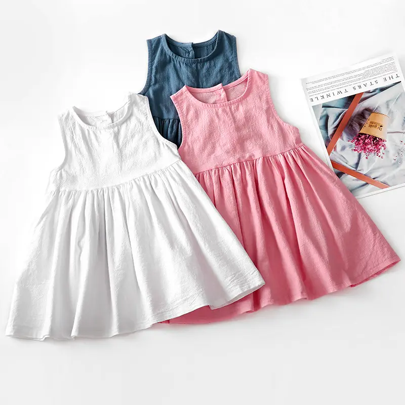 Korean New Boutique Linen Cotton Sleeveless Solid Color Baby Girls Cotton Princess Pleated Skirt Dresses Children Kids Clothing