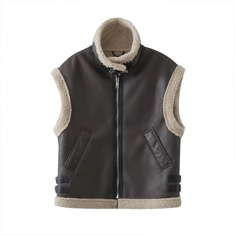 ZATRHMBM autunno e inverno abbigliamento donna 2023 new casual fashion trend gilet con risvolto retro zipper gilet di pelliccia moto senza maniche