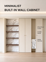 Meuble mural intégré sur mesure pour toute la maison, style minimaliste, finition crème mate, étagère de rangement et de présentation pour salon