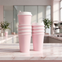 Gobelets à café en papier jetables écologiques APP de 8 oz et 12 oz, couleur rose, avec couvercles et manchons pour boissons chaudes, café