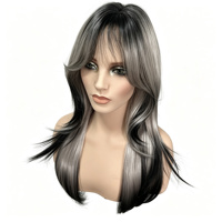Perruque synthétique mi-longue grise argentée et noire ombrée, coupe dégradée avec frange, résistante à la chaleur, perruque complète
